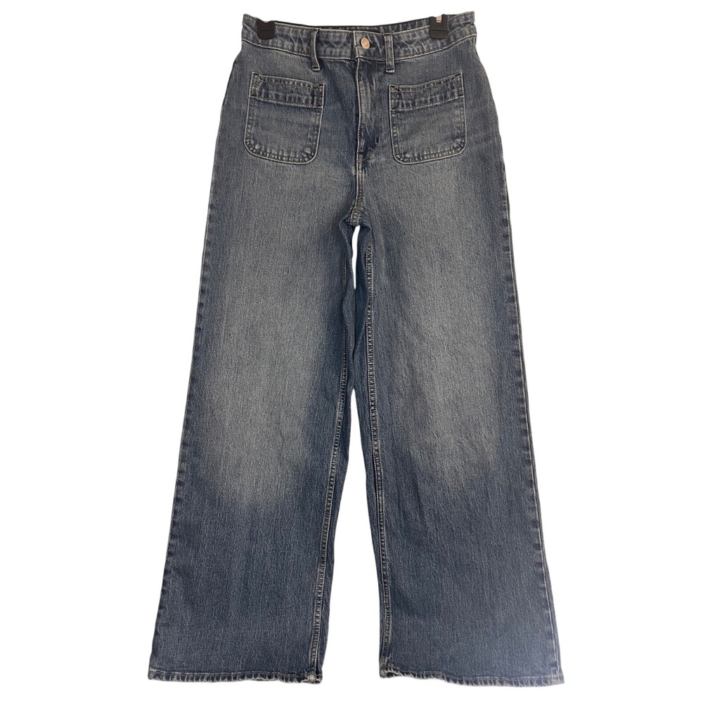 Women's Wide Leg Denim Jeans Blue High Rise Patch Pocket Coastal Casual‎ Chic  6